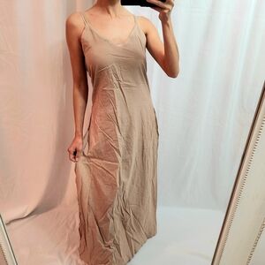 Elegant Tan Maxi Dress Open back page linen, organic goddess beach tulum